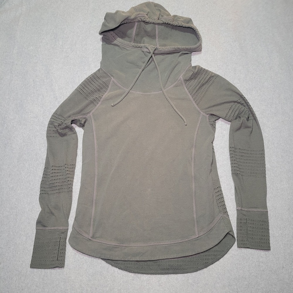 Athleta Chi Mesh Hoodie Olive Green XXS Pointelle Pullover Thumbholes‎